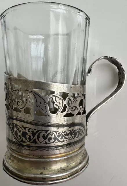 Alter russischer Teeglashalter, 875 silber, niello, Glas, 1940, UdSSR, Kubatschi