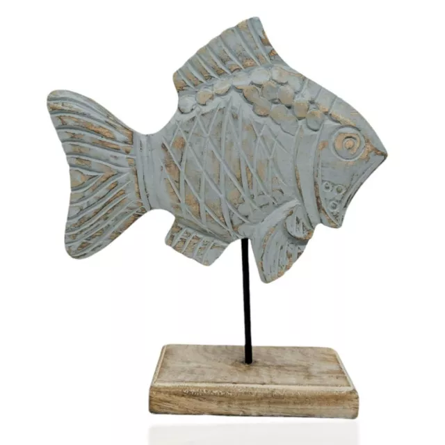 Handcarved Wooden Damsel Fish Sculpture on Stand Coastal Decor -Lake Decor