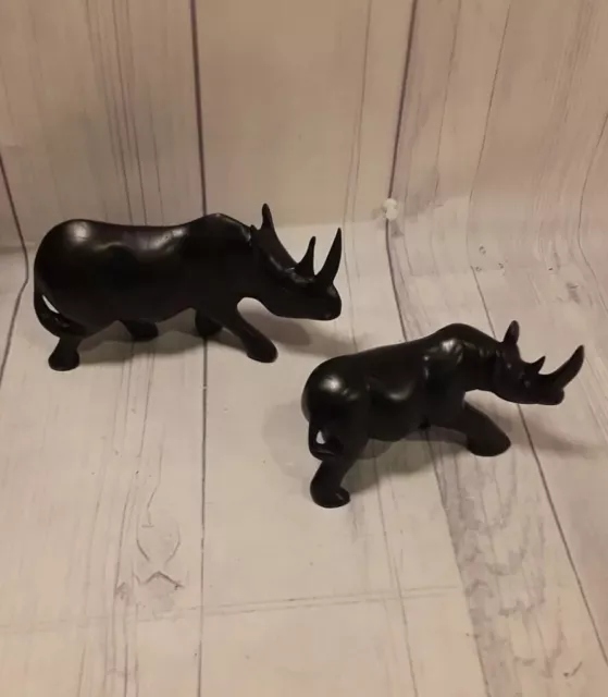 Vintage Ebony Wood Hand Carved Rhinoceroses Momma & Baby