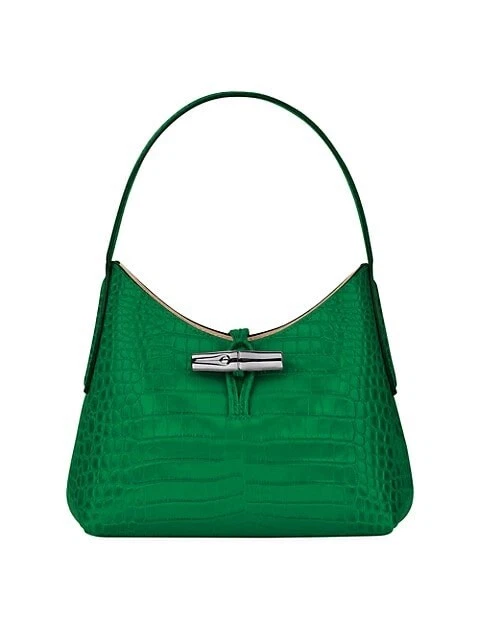 Longchamp XS Roseau Croc-Embossed Green Leather Shoulder Bag New Authentic $445