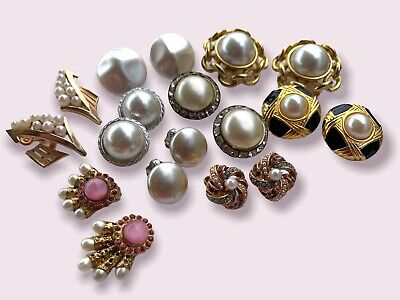Vintage Earrings Pearl Rhinestone Gold Clip On Glamour Old Hollywood Jewelry Lot