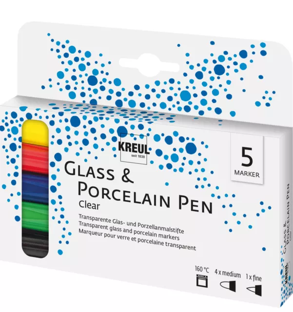 Kreul Glass & Porcelain Pen  Set Clear 5 Stück Tassen Teller  Vasen