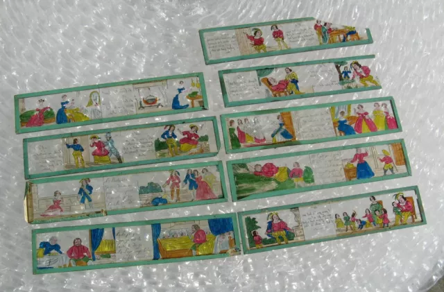 9 Antique Early Magic Lantern Slides Hand Painted Late 17th early 18th Century