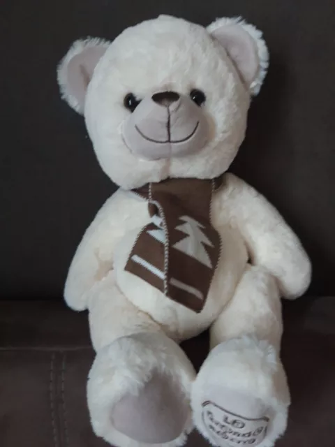 Doudou Peluche La Grande Recre Ours Blanc Echarpe Marron Ttbe 33 Cm