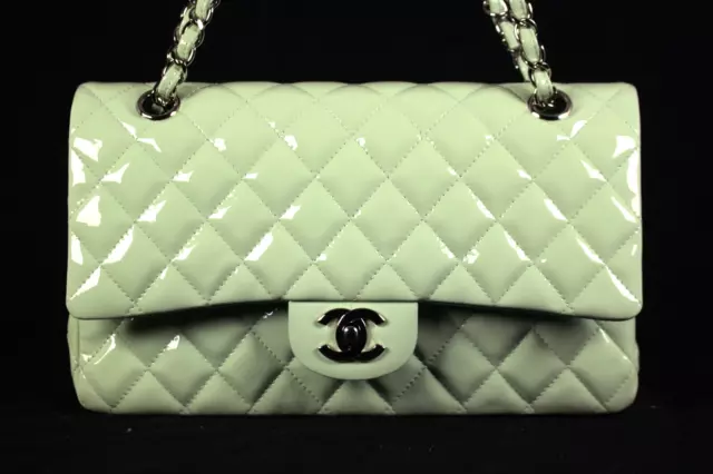 CHANEL GREEN QUILTED Patent Leather Mini Square Classic Flap Bag