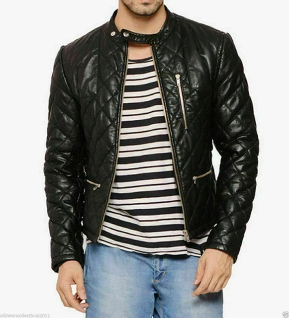 Men Genuine Lambskin Leather Diamond Quilted Premium Style Black Coat Jacket