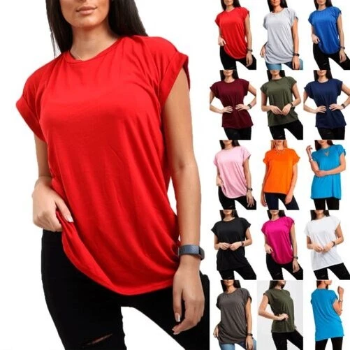 Da Donna Tinta Unita Largo Oversize T-Shirt Corto Maniche Arrotolate T Shirt