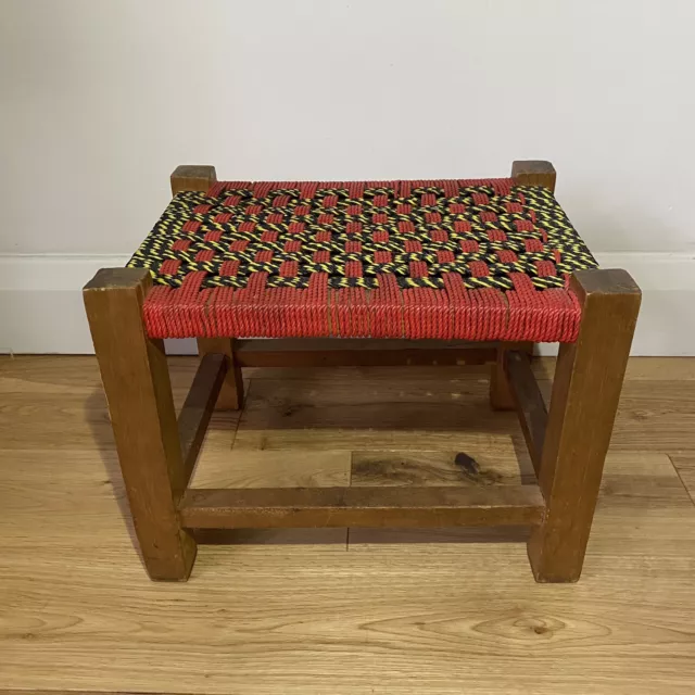 Retro Vintage Weave Top Mid Century Small Wooden Foot Stool