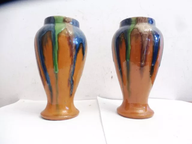 RARE  PAIR OF  EARLY  POST WW1  BELGIAN FAIENCERIE DRIP GLAZE VASES No 94