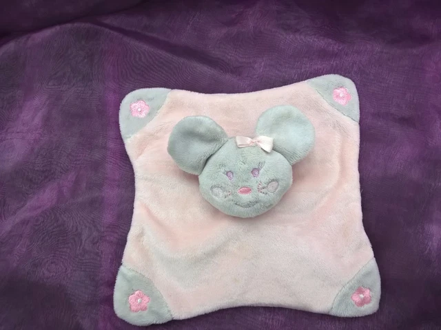 Doudou Plat Carre Rose Et Gris Kimbaloo Souris Broderie Fleurs