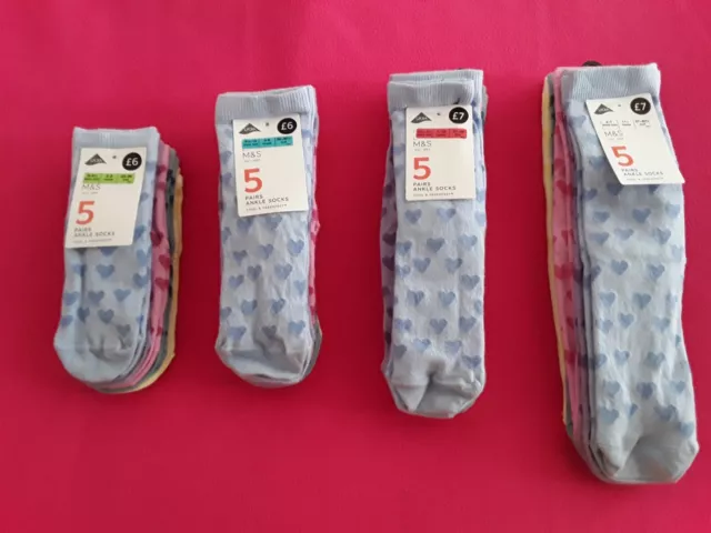 M&S 5 Pack Ankle Socks With Heart Pattern - Age 2 to 14 years  (BNWT)