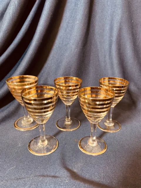 5 X Art Deco Gold Stripe Cocktail Or Liqueur Glasses