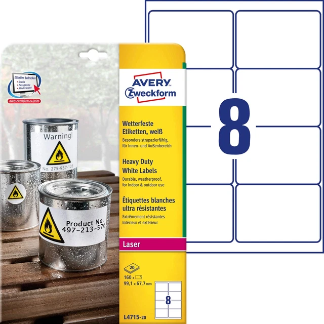 5 Autocollants Solides Avery Zweckform 3731 - Support Jusqu'à 1,2 Kg - Blanc