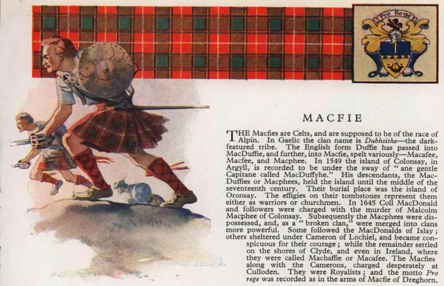 MacFie. Scotland Scottish clans tartans arms 1957 old vintage print picture