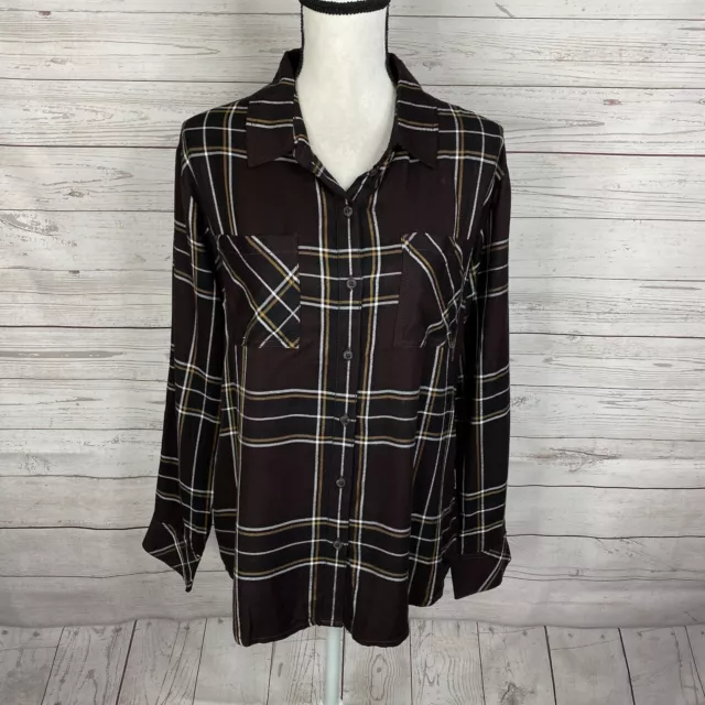 Sanctuary Womens New Generation Plaid Boyfriend Shirt Size Small Purple Brown