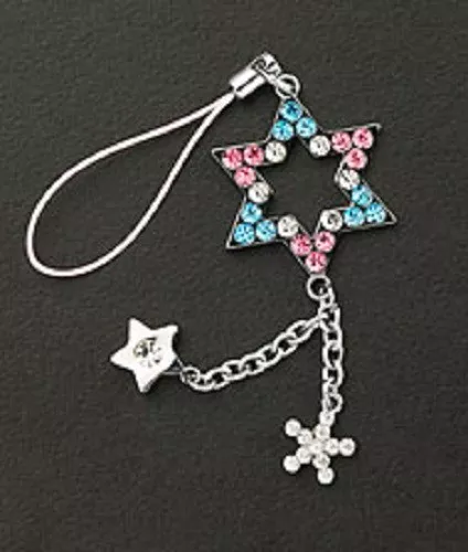 Cell Phone Charm Strap Pink & Blue Crystal Star Christmas Gift Silver Plated