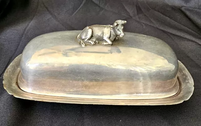 Antique Reed & Barton Silver-plated Butter Dish w/Cow Topped Lid 8" x 3"