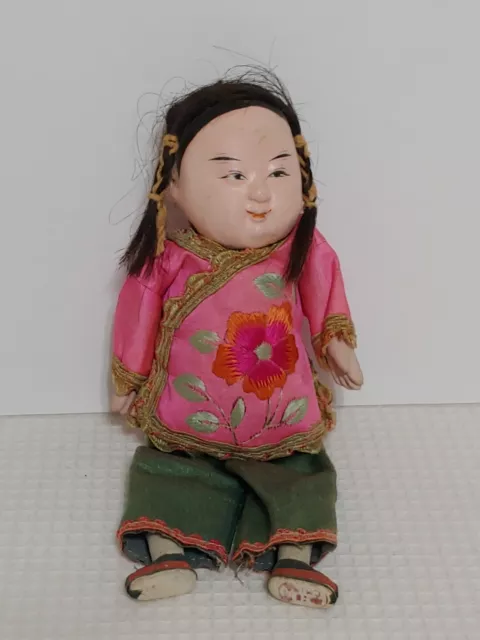Vintage 8" Asian Chinese Paper Mache Doll Embroidered Silk Outfit China Stamp