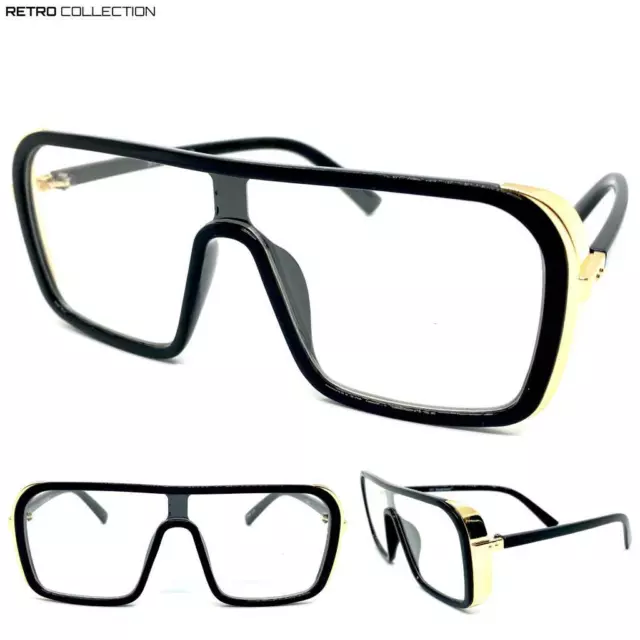 Oversize Classique Rétro Hip Hop Transparent Lentille Lunettes Noir & Or Mode