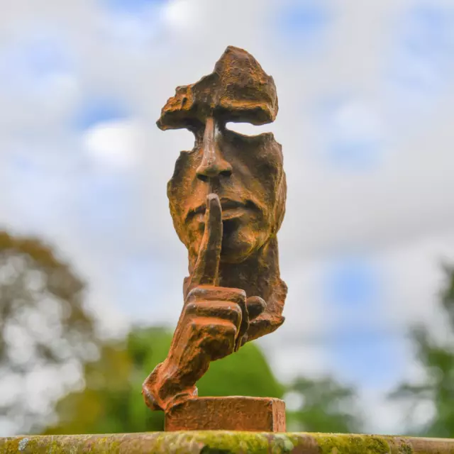 Rustic Cast Iron Abstract "Shushing"  Head Bust Garden Sculpture