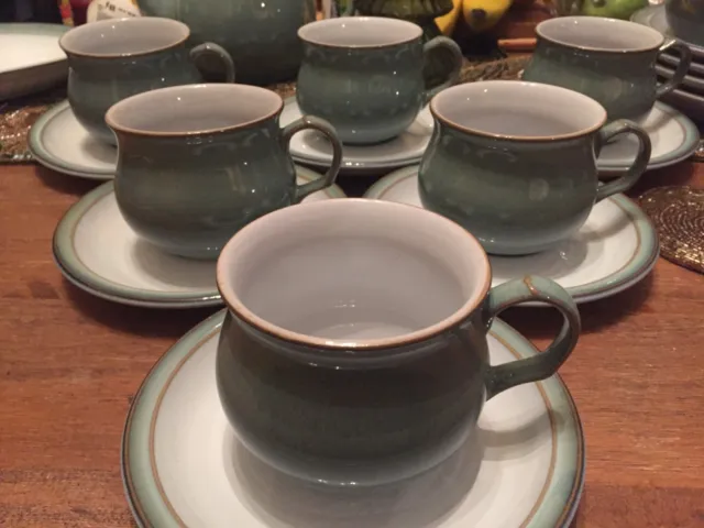 DENBY REGENCY GREEN 6 x CUPS & SAUCERS TEA COFFEE In Great Shiny Condition 3