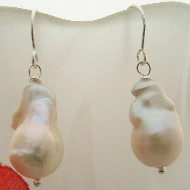 Fashion 19x12mm White Baroque Pearl 925 silver Earrings Hook Gift Beautiful