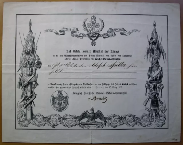 Verleihungsurkunde Kriegsdenkmünze für Nicht-Kämpfer 1864 an Adolph Spiller