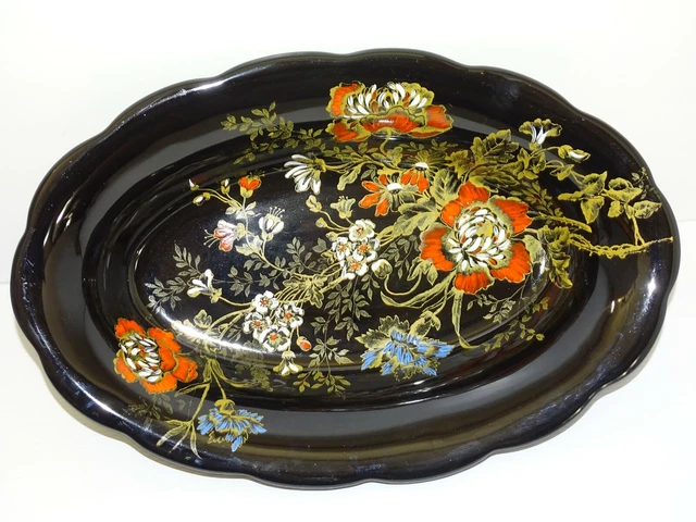 BELLE ANCIENNE COUPE BANETTE CERAMIQUE LONGWY WATTEAU NOIRE et EMAUX COLORES XXe