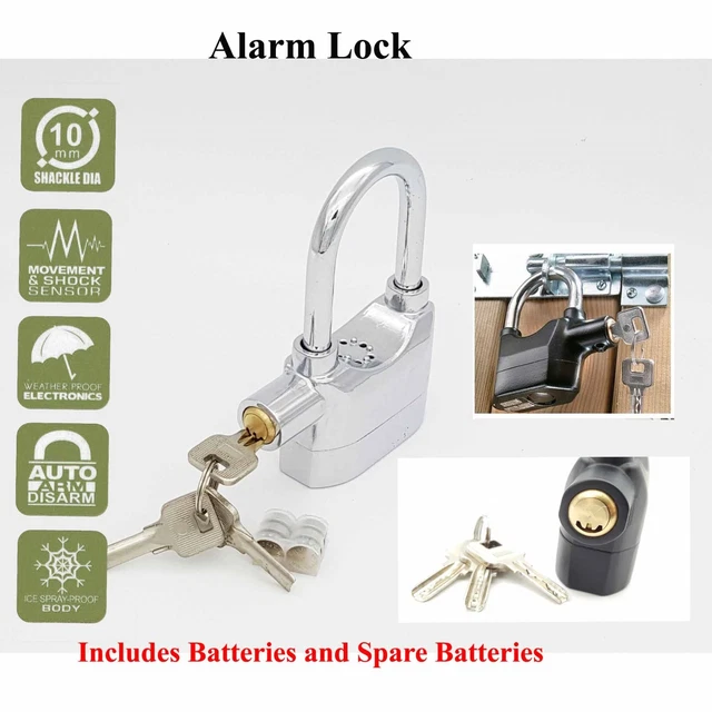Long Shank Silver Motorbike Bike Shed Ultra Secure Alarm Padlock Motion Sensor