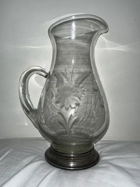 Antique Etched Crystal Glass Water Lemonade PITCHER STERLING BASE Florals Rare