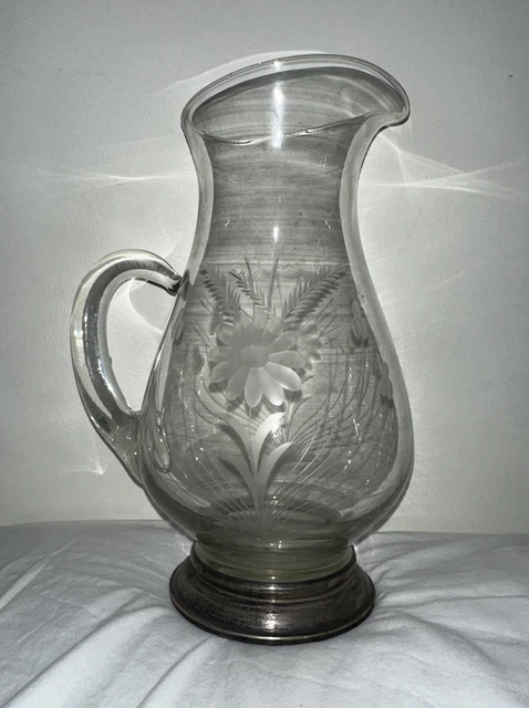Antique Etched Crystal Glass Water Lemonade PITCHER STERLING BASE Florals Rare