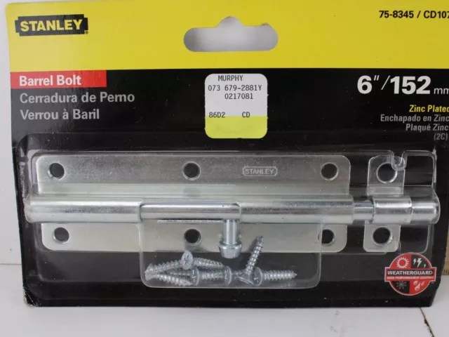 New Stanley 75-8345 Heavy Duty Barrel Bolt 6" Zinc Steel Brand New