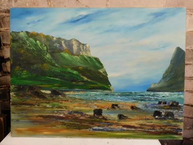 really OLD PAINTING oil on canvas cliffs sea coast