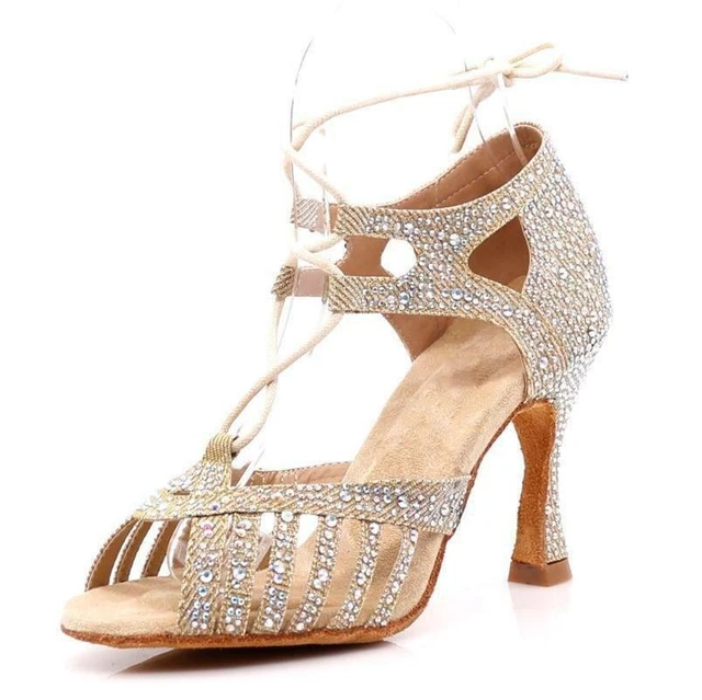 Scarpe da ballo rosa sandali gioiello beige strass argento salsa liscio tango