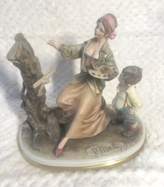 Vintage Capodimonte Figure - Lady Artist With Boy - By Merli - Painting Missing.