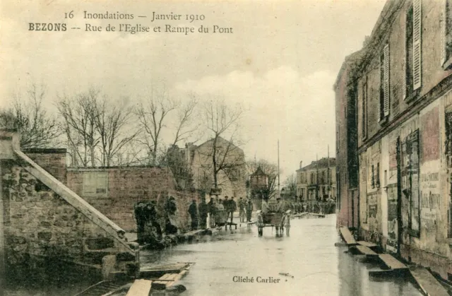 Carte BEZONS Inondations Janvier 1910 Rue de l'Eglise et Rampe du pont