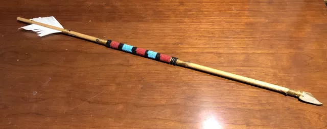 Vtg Native American Wooden Arrows Feathers Arrowheads Beading Indigenous 26”