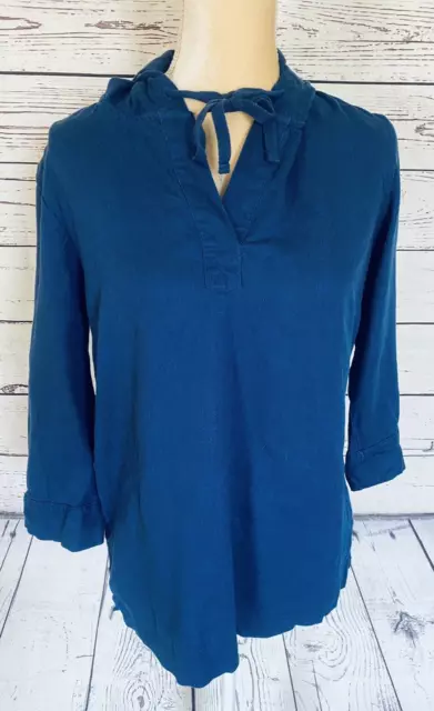 Women’s Small Blouse Ellen Tracy Hooded Blue Linen Blend 3/4 Sleeves Soft