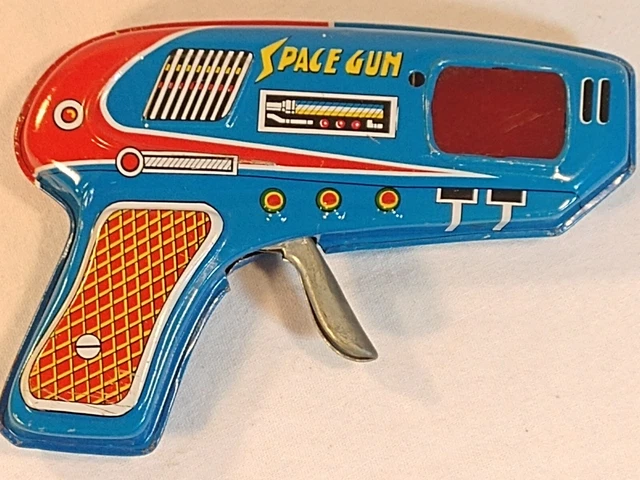 Vintage Tin Litho Metal FRICTION SPACE GUN Korea MTU Shudo Japan Blue Red FAULTY