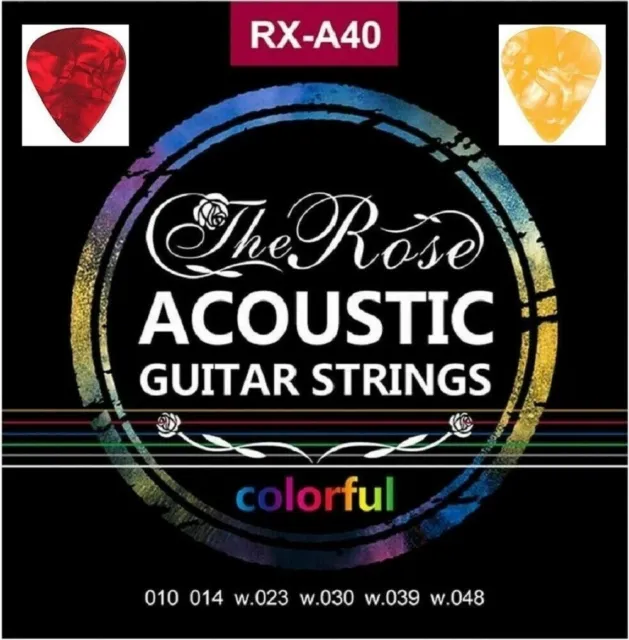 Coloured Acoustic Guitar Strings -  1 Set With 2 Guitar Picks -Light Gauge 10-48