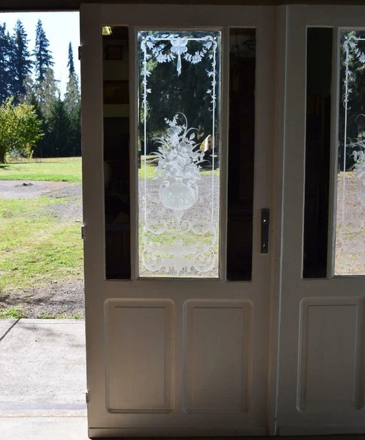 *Pair of Antique French Etched Glass Doors Frosted Stained Glass with Mirrors 2