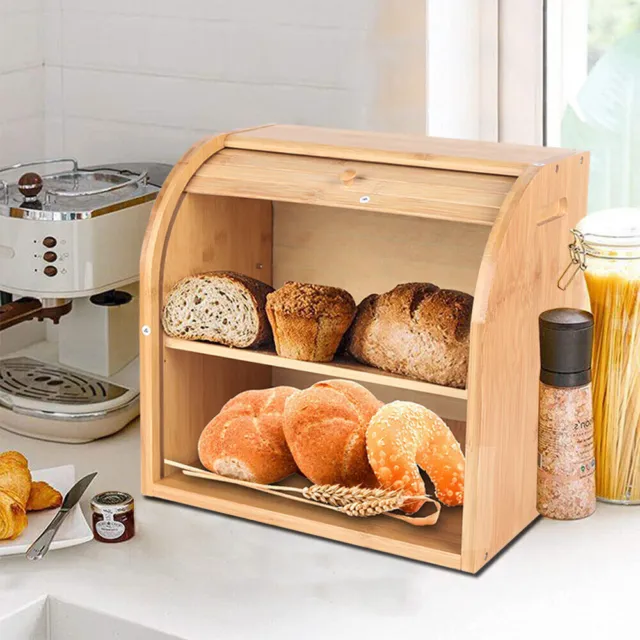 2-Layer Bamboo Wood Bread Box Bread Keeper With Lid Commercial Bread Container 2