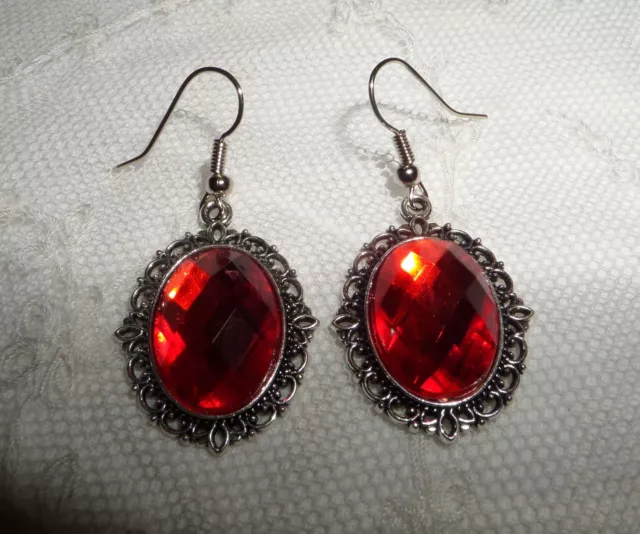 Victorian Style Orange Red Acrylic Filigree Dark Silver Plated Earrings Snv