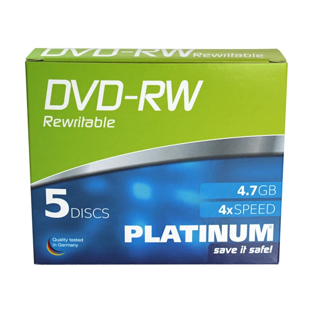 5x Platinum DVD-RW 4,7 GB Rohlinge 120 Minuten max. 4x Schreiben im Slimcase