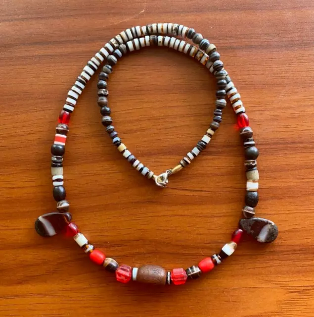 Ancient Old Dzi Banded Agate Amber and glass beads Antique Beads Necklace Mala