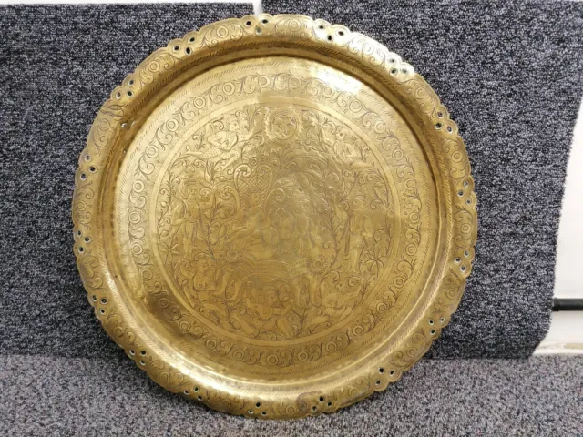 Antique Benares brass tray, made in India in the 19th century