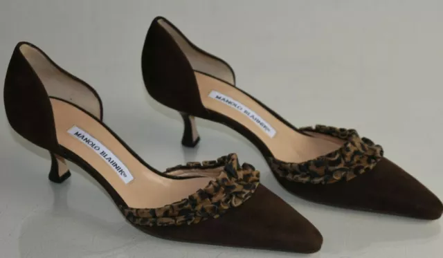 NEW Manolo Blahnik ORDIDO Pumps Dorsay Kitten Heels Brown Suede Leopard Shoes 37