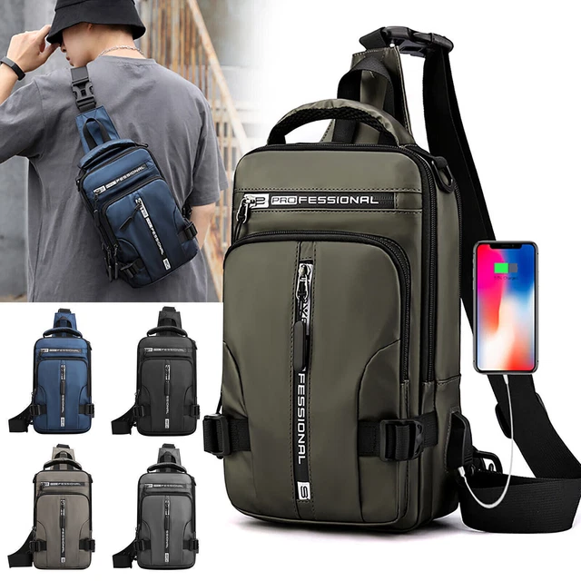 Mens Anti-Theft Sling Crossbody Bag Chest Shoulder Messenger Backpack USB Port