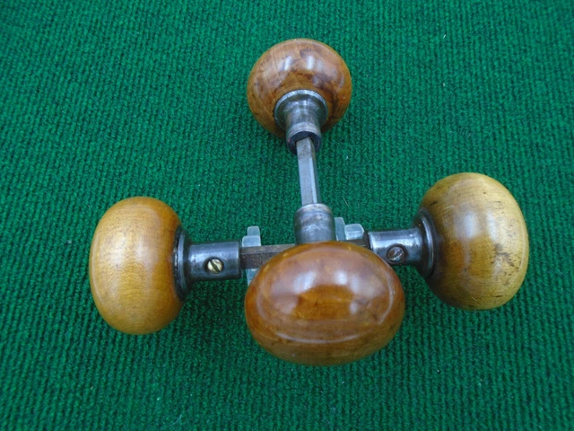 ONE PAIR of VINTAGE MAPLE DOOR KNOBS w/CAST IRON NECK - BEAUTIFUL  (11311-15)