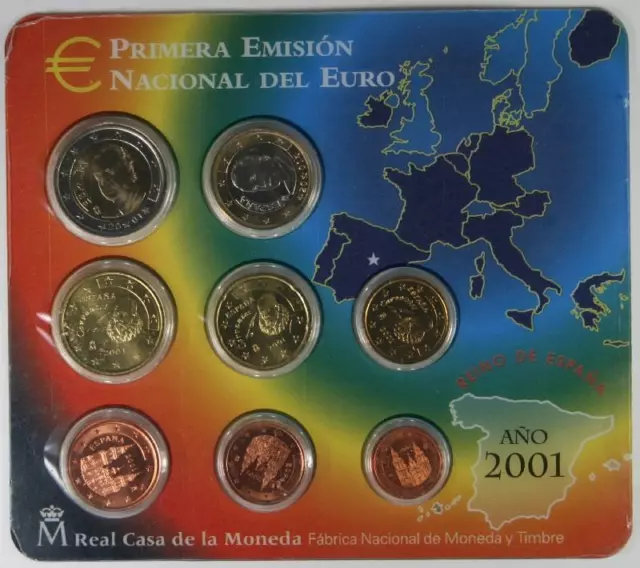 Euro Set  con los Euros de  España 2001 FNMT PRIMERA EMISIÓN NACIONAL DEL EURO